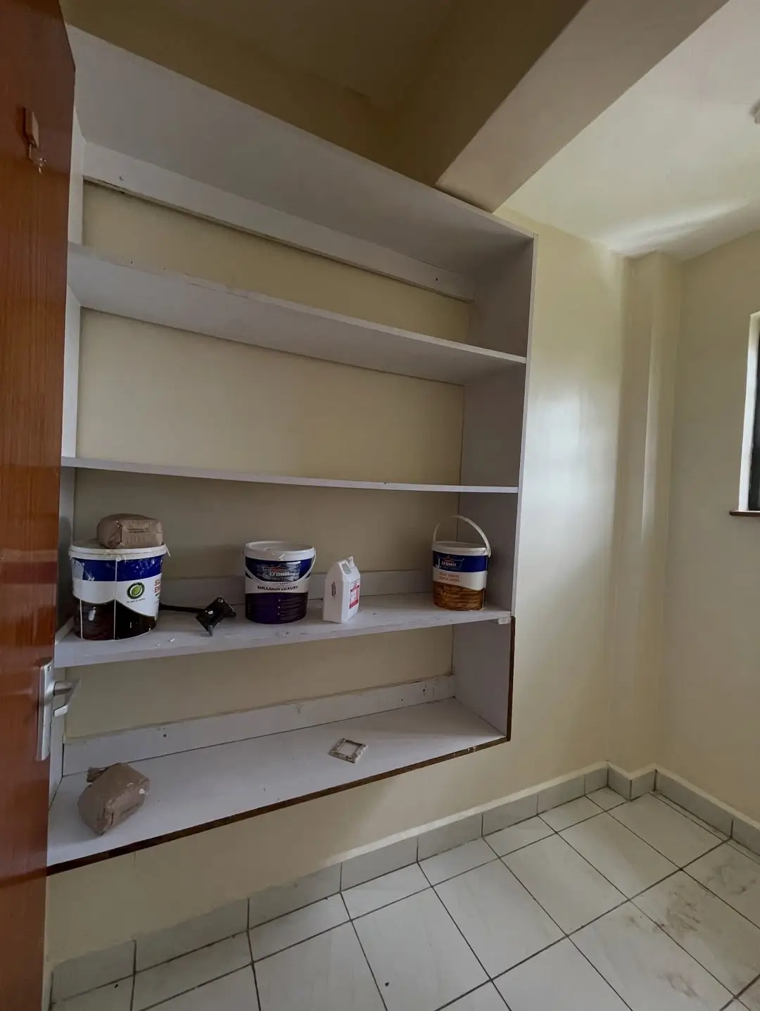 Built-in pantry shelving with storage containers and supplies