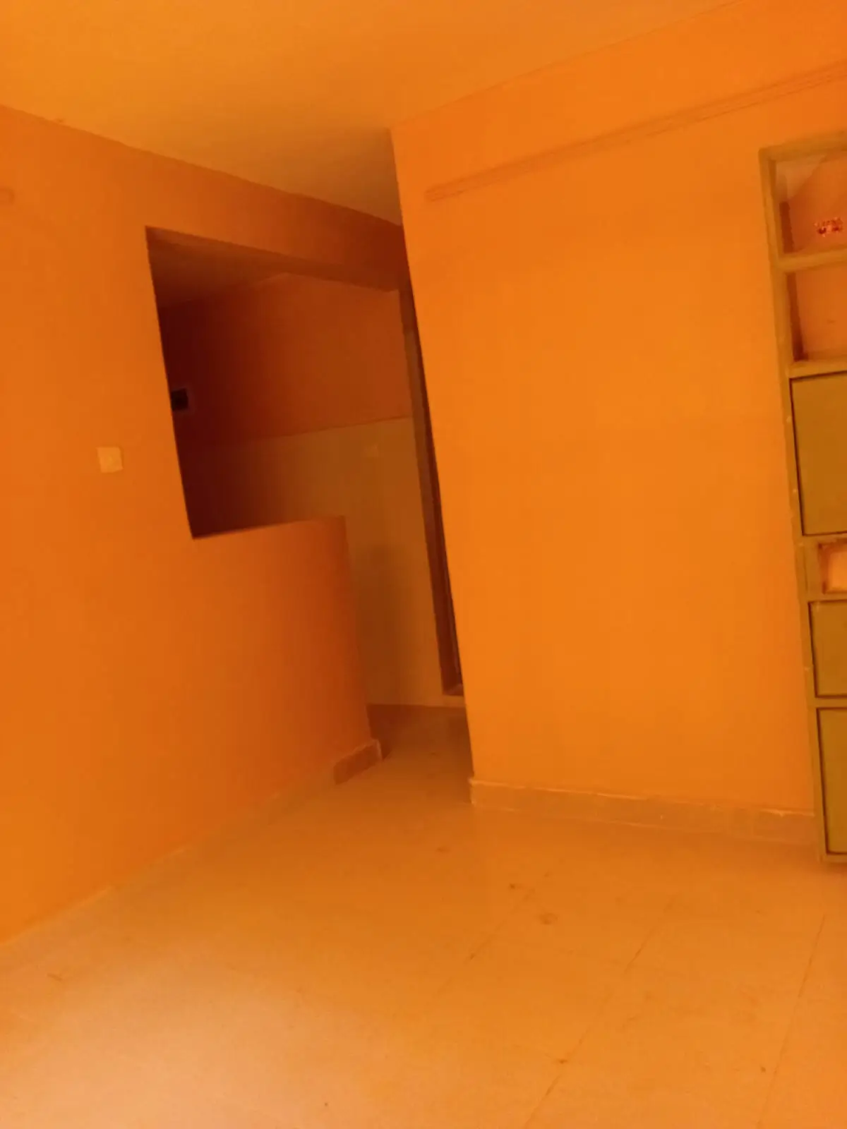 Empty orange-painted room with built-in shelving unit