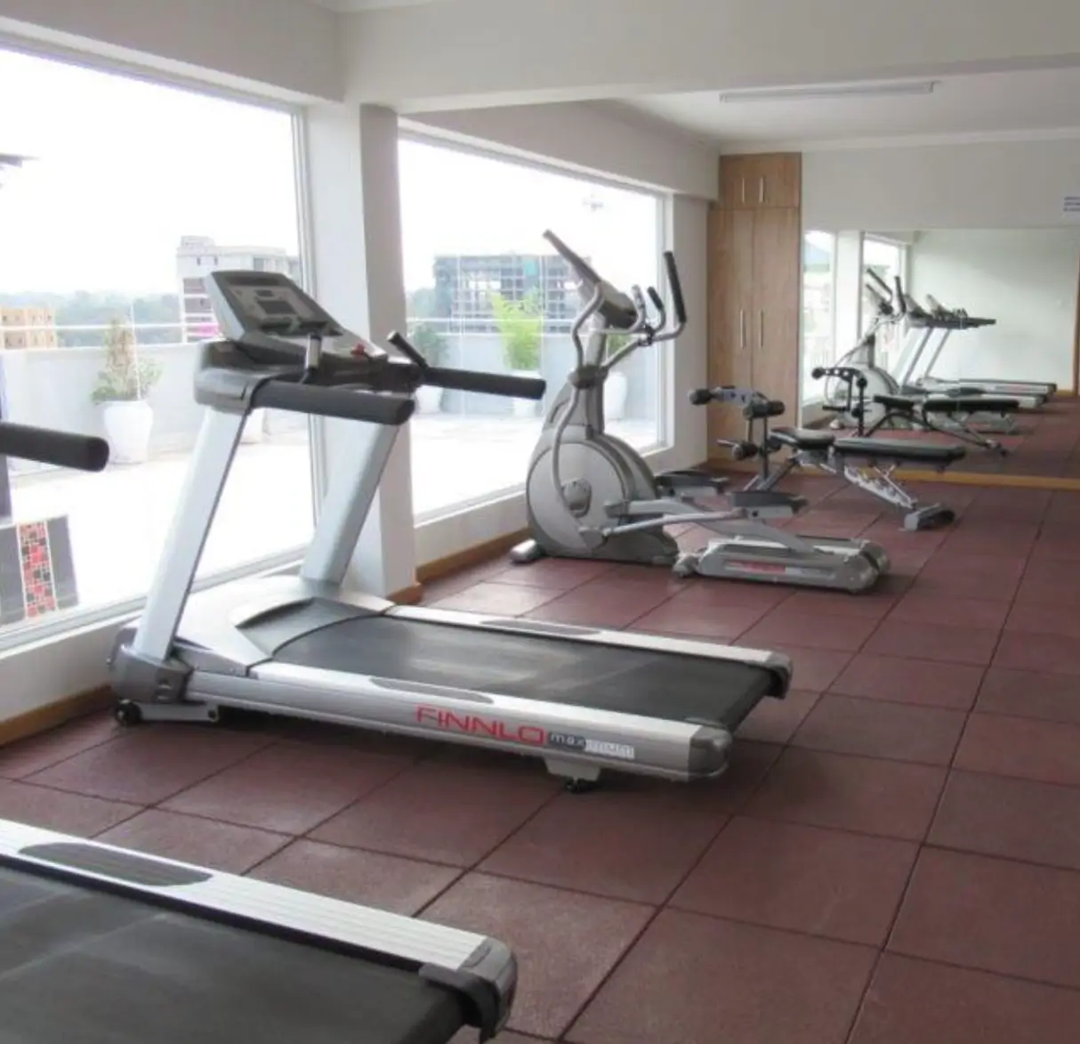 Modern gym with treadmills, exercise bike, city views