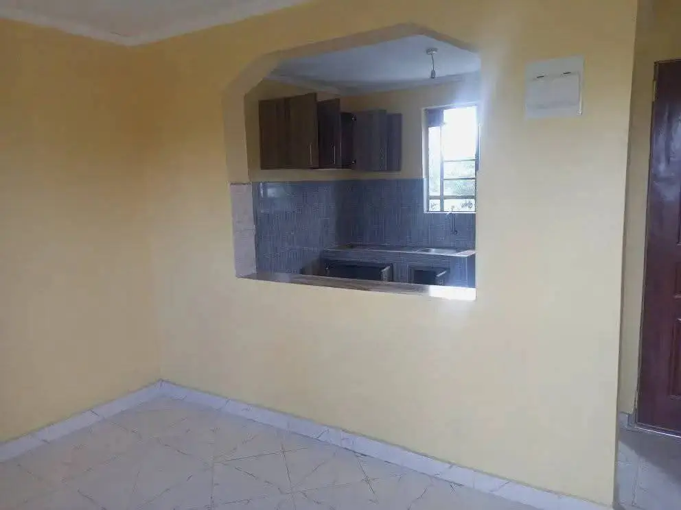 Open-plan living area with pass-through kitchen window