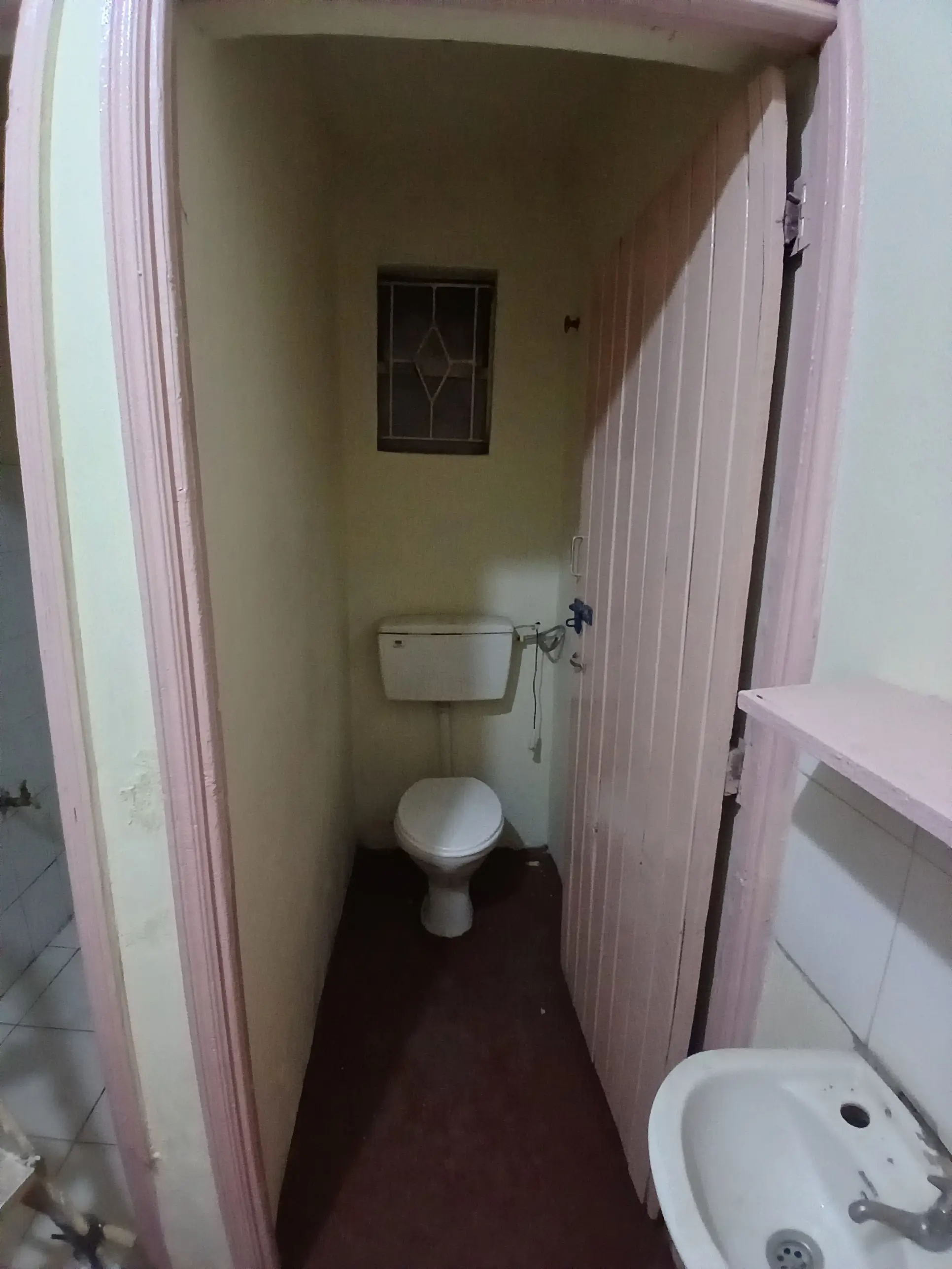 Compact bathroom with toilet, sink, and pink door frame