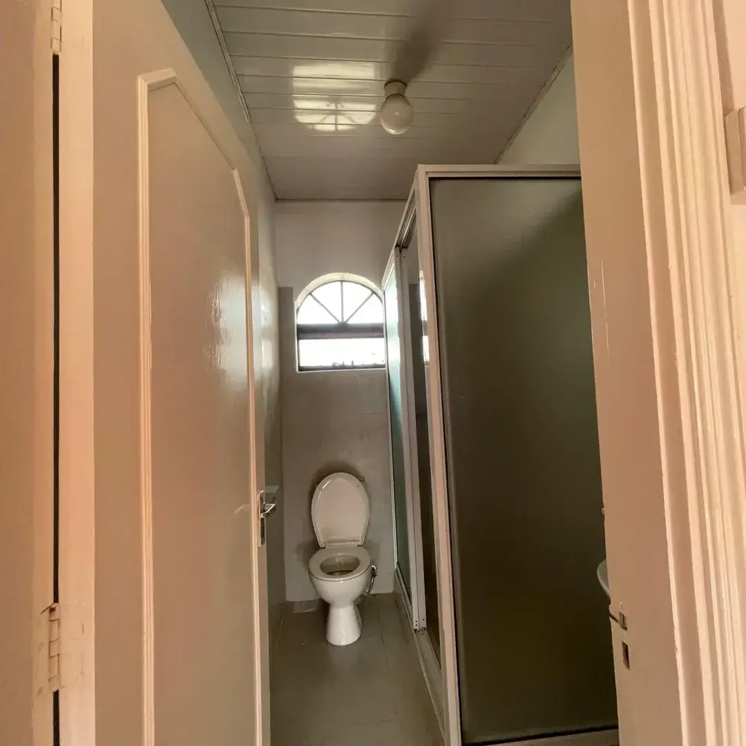 Narrow bathroom with toilet and small window