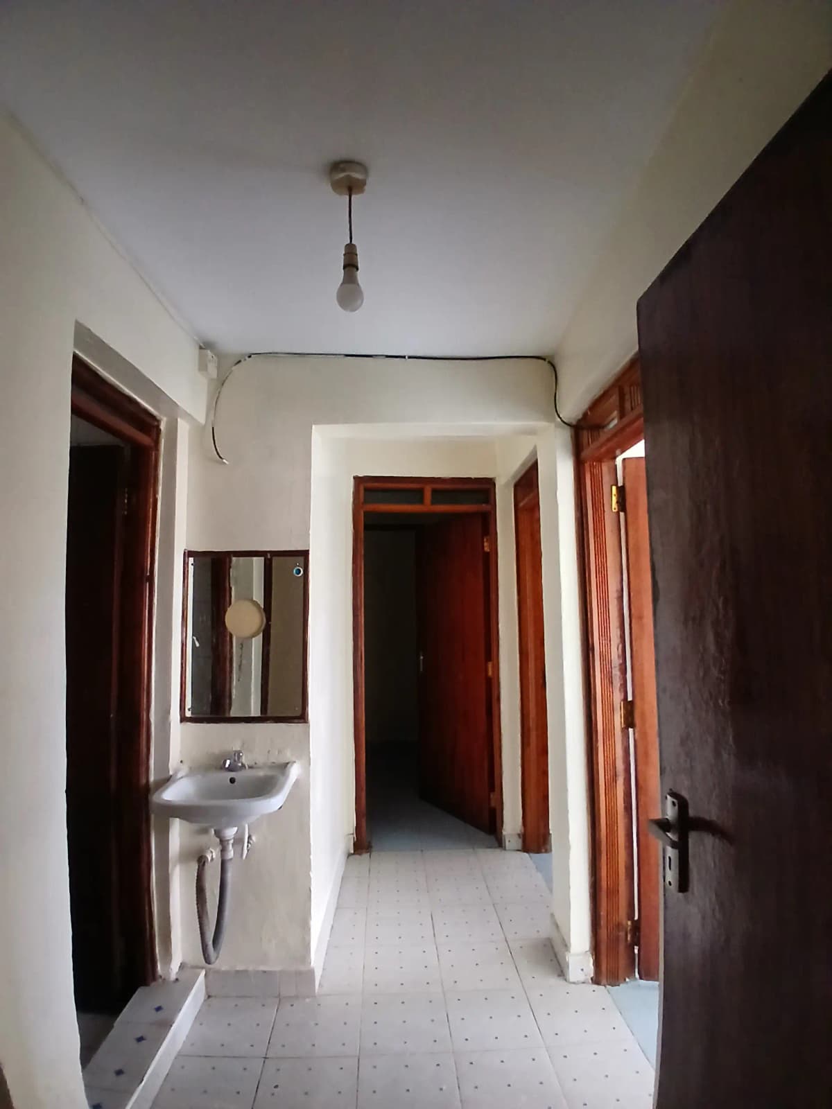 Narrow hallway with sink, multiple wooden doors, white walls
