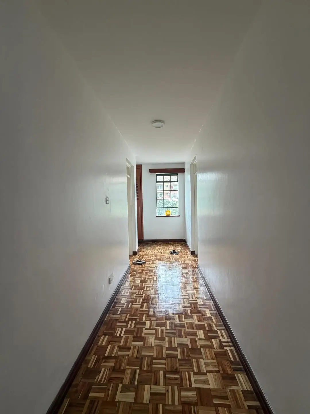 Bright hallway with herringbone wooden flooring and natural light