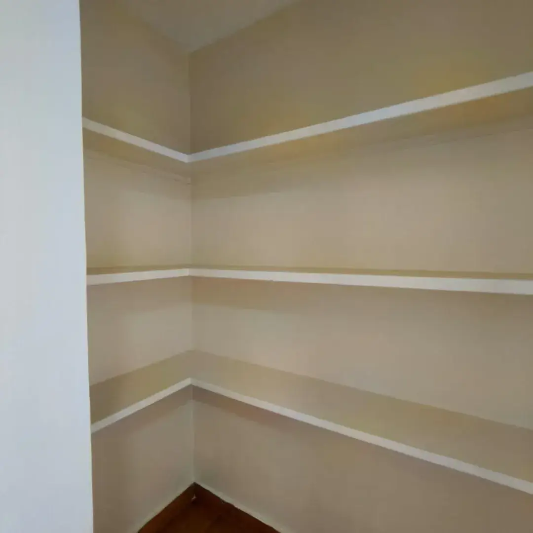 Empty built-in pantry with multiple shelves and white trim