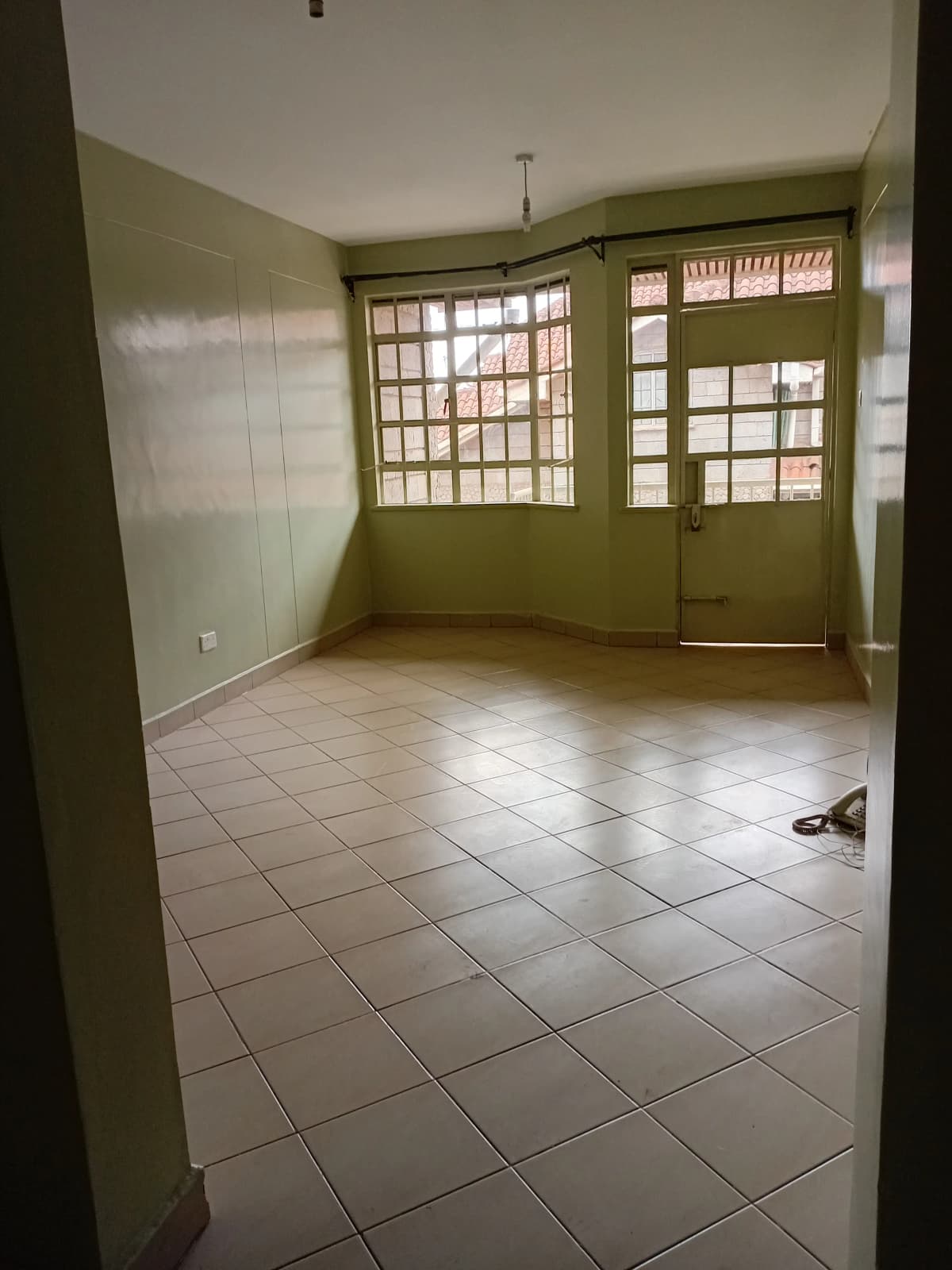 Empty living room with olive walls and ceramic tile flooring
