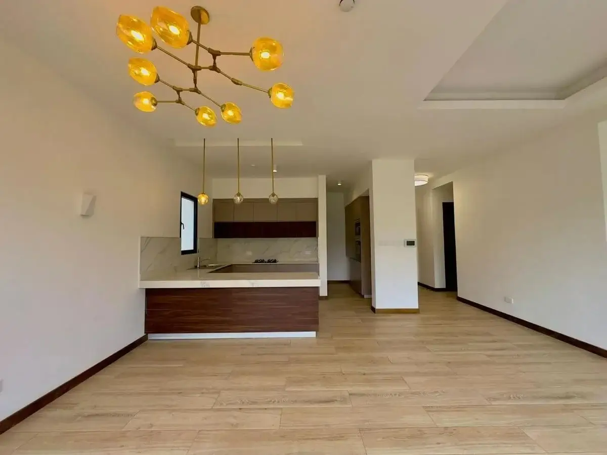 Open-plan living area with kitchen visible beyond, wooden flooring