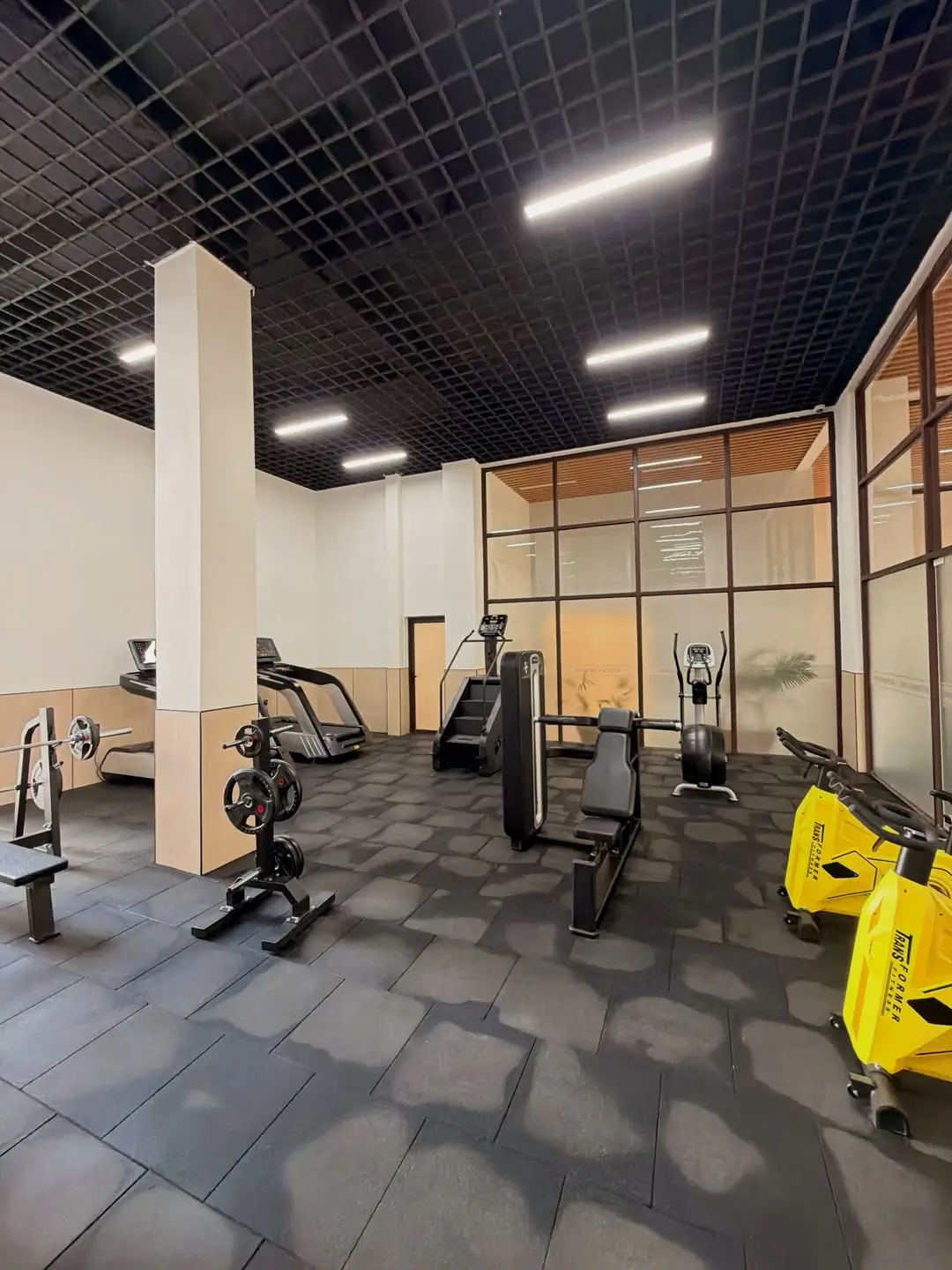 Modern gym with cardio equipment, weights, and yellow machines