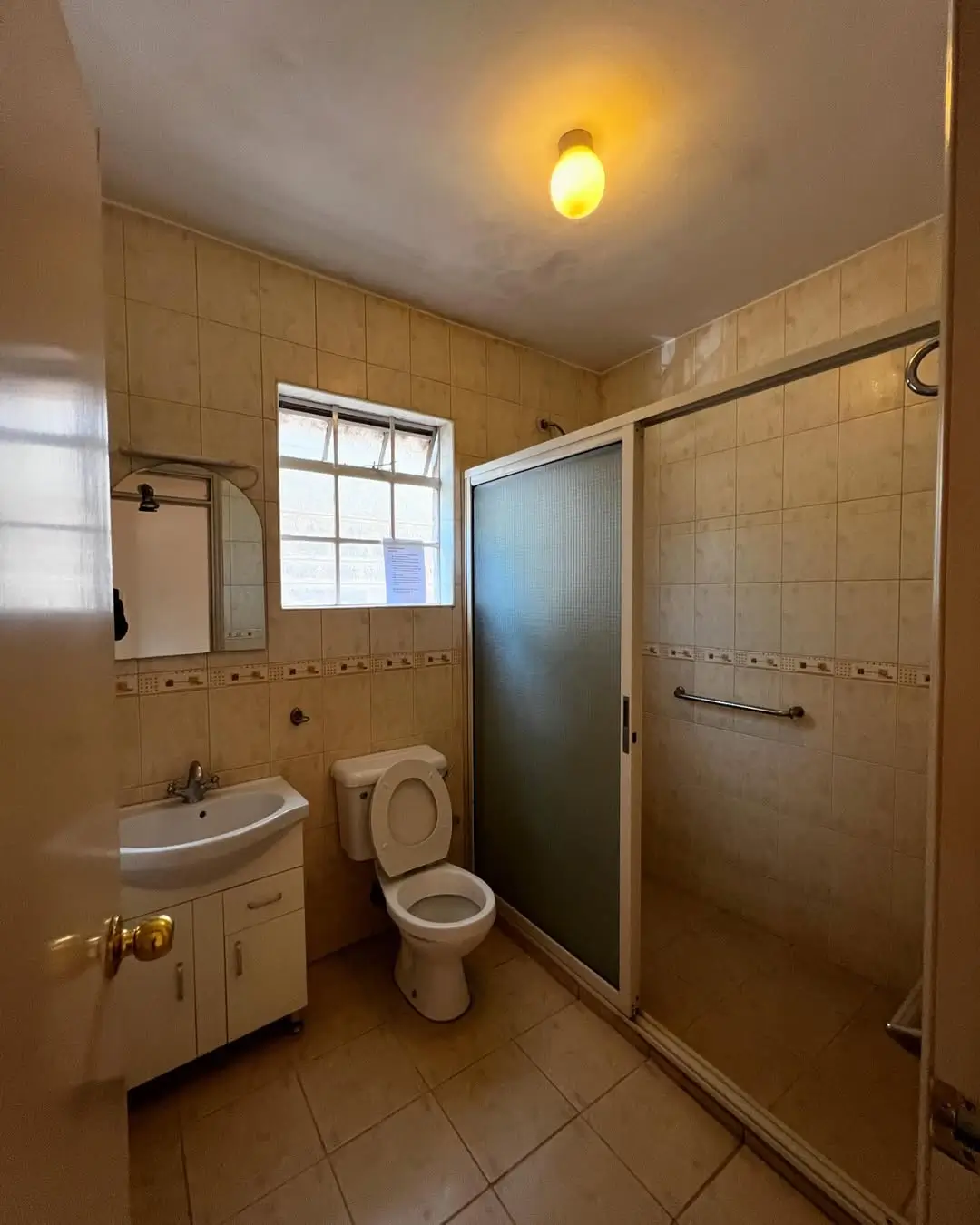 Spacious bathroom with shower, toilet, and sink vanity