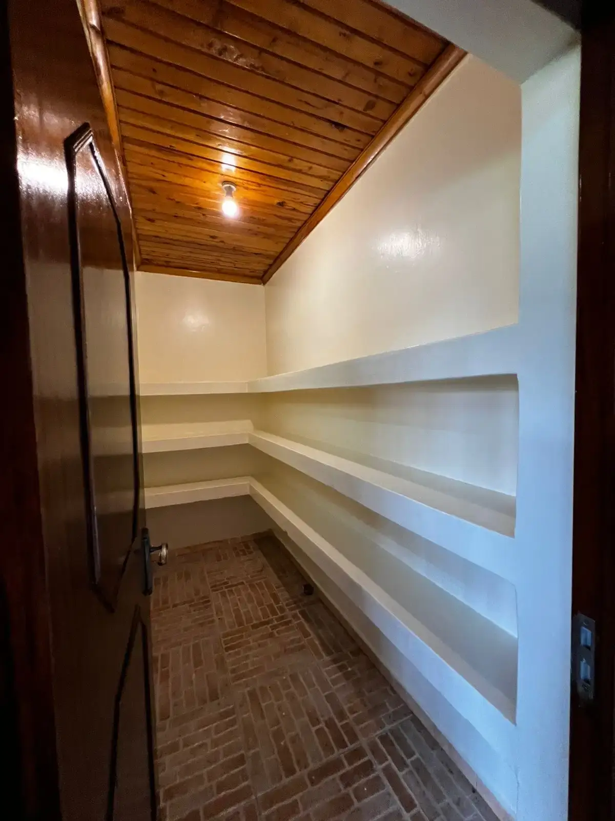 Walk-in pantry with built-in shelving and wooden ceiling