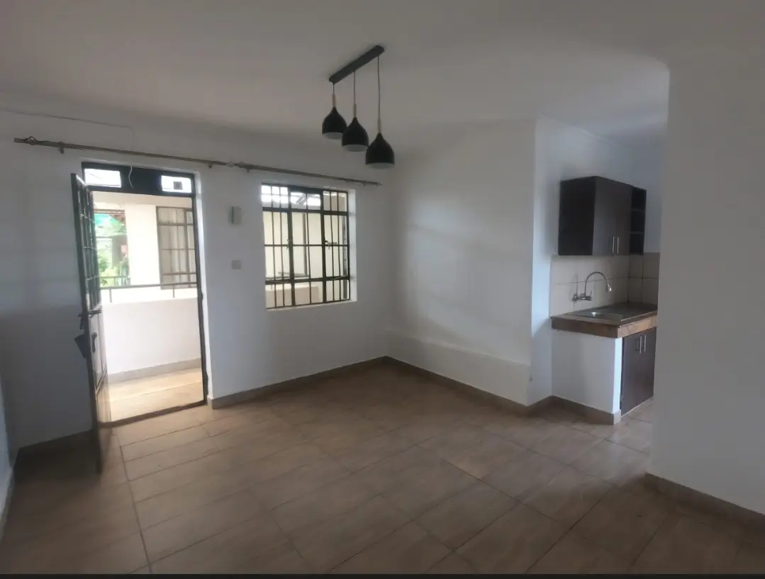 Open-plan living area with kitchenette and glass door entrance