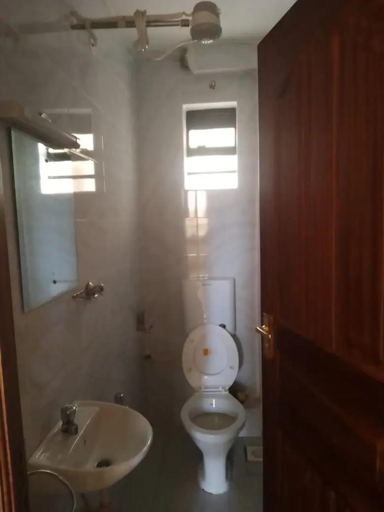 Small bathroom with toilet, sink, and shower enclosure