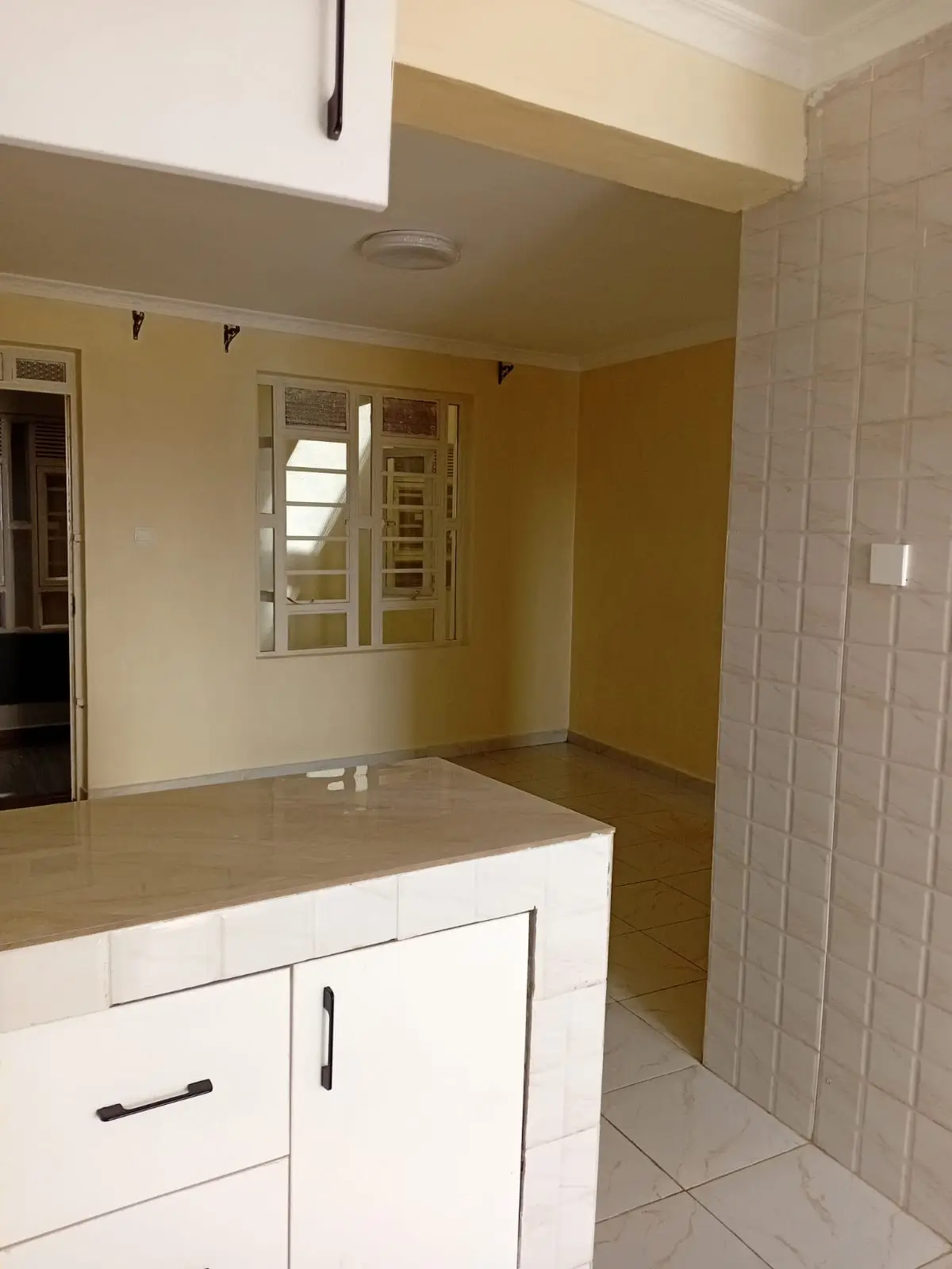 Open-plan kitchen with white cabinetry and island counter