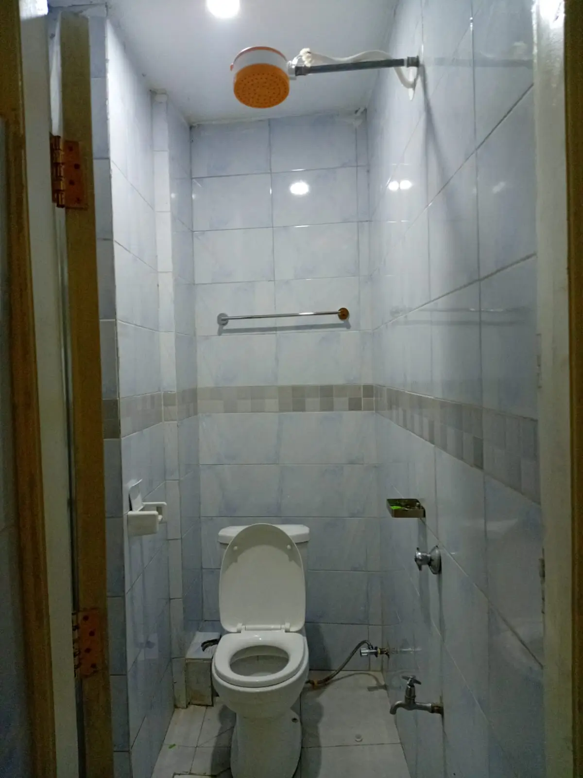 Modern bathroom with toilet, rainfall showerhead, glass enclosure