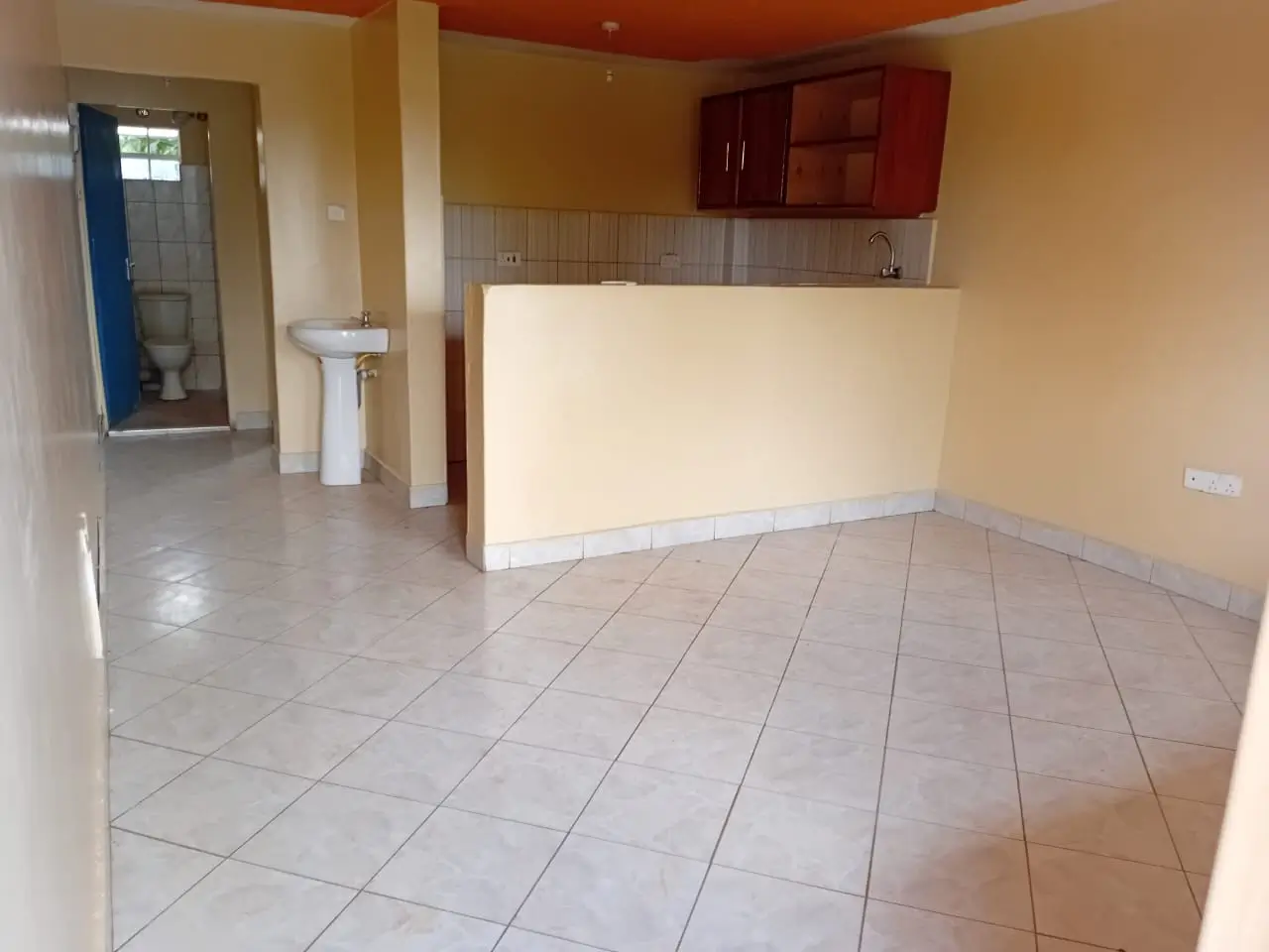 Open-plan living space with kitchen counter visible in background