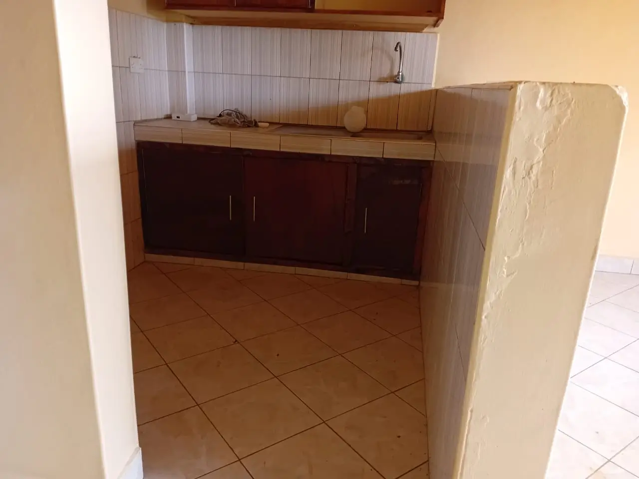 Dark wood cabinetry kitchen with tiled backsplash and countertop
