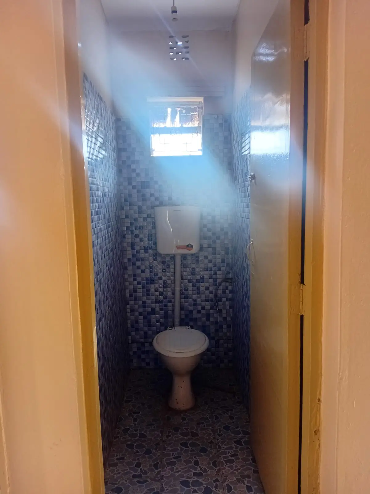 Narrow bathroom with pedestal toilet and mosaic tile walls