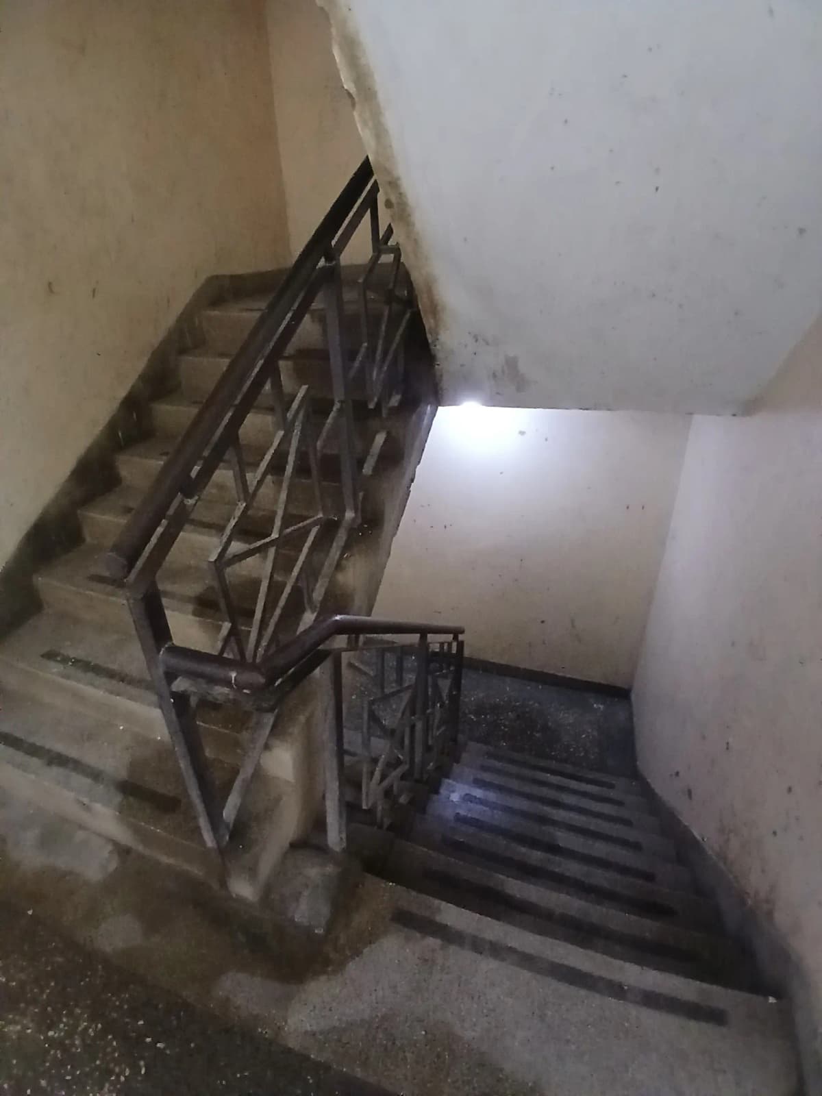 Building stairwell with metal railings and concrete steps