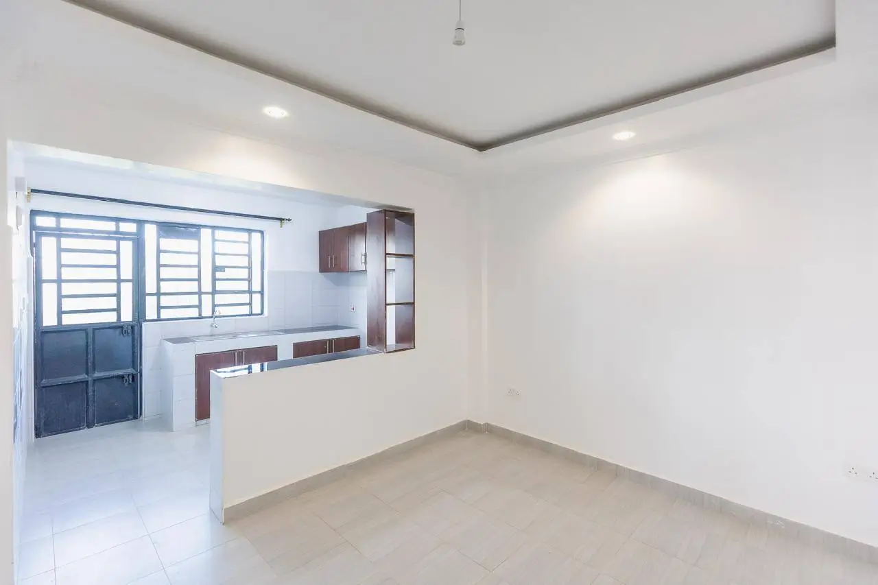 Open-plan living and kitchen space with built-in shelving