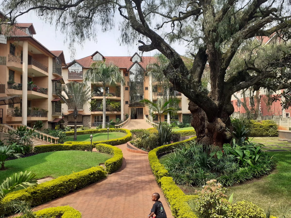 Manicured compound grounds with mature trees and landscaped pathways