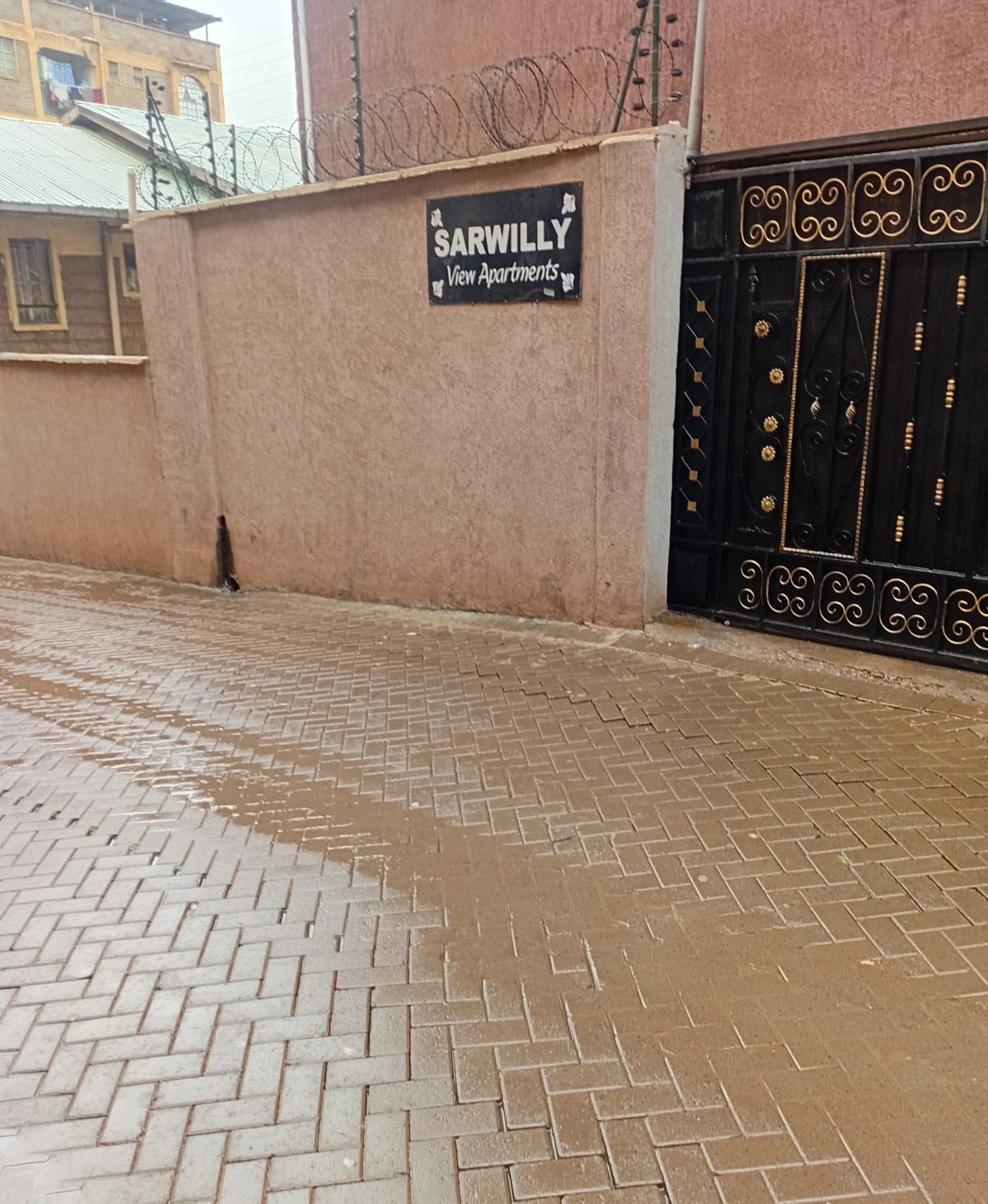 Compound entrance with decorative gate and paved driveway