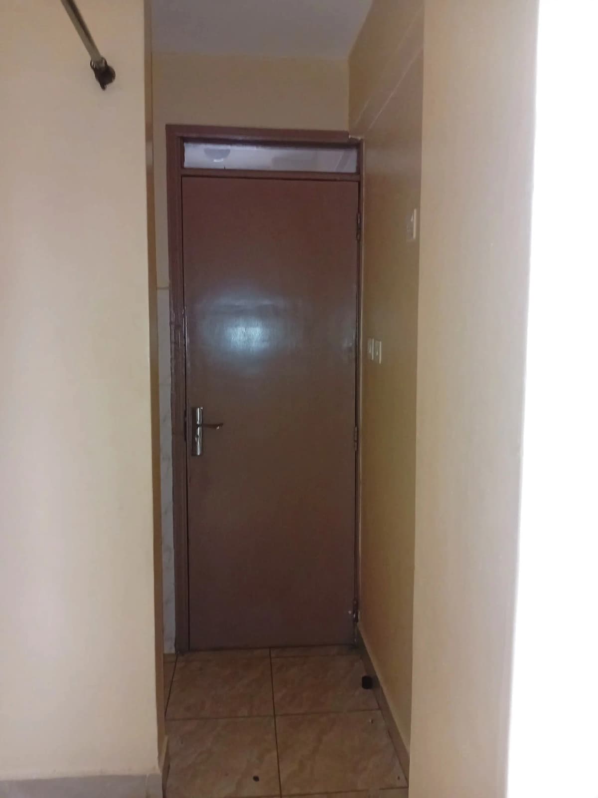 Narrow hallway with brown wooden door and tiled floor
