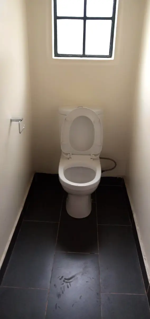 Compact toilet room with black floor and high window