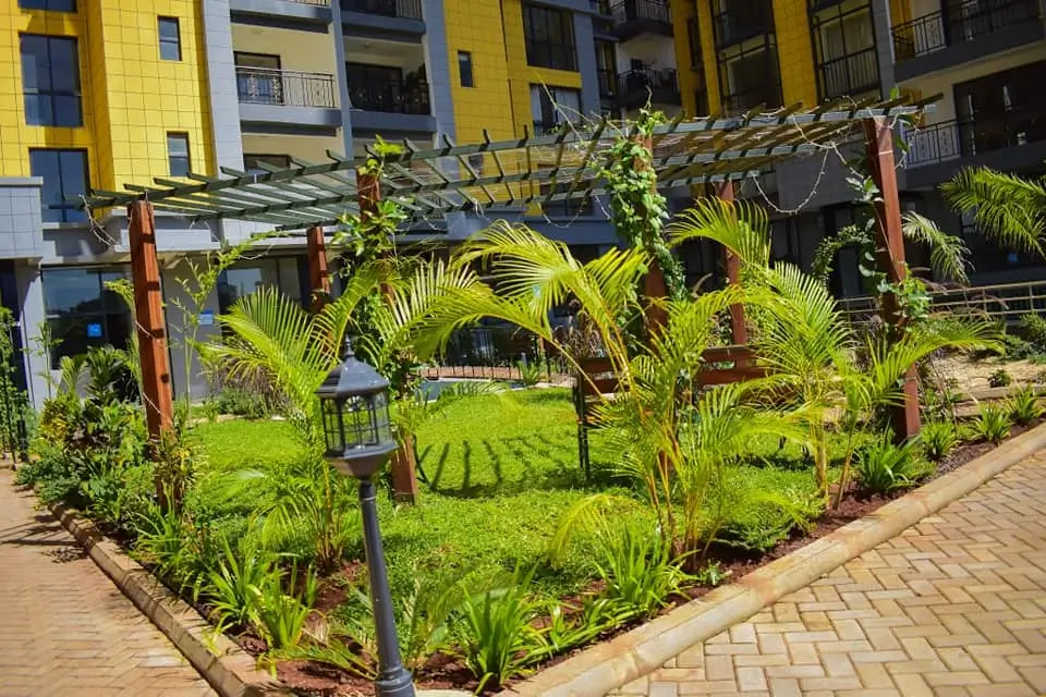 Lush compound garden with palm trees and pergola structures