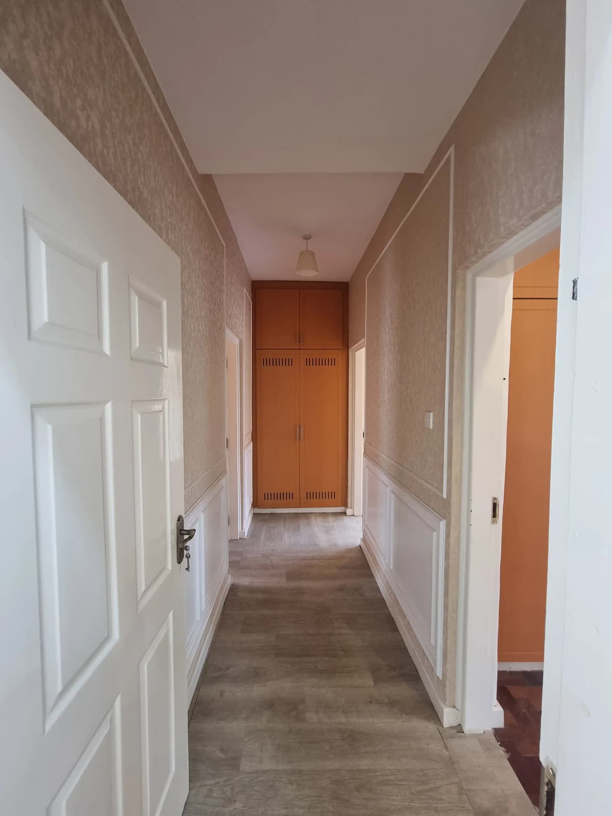 Long hallway with white doors and wooden flooring