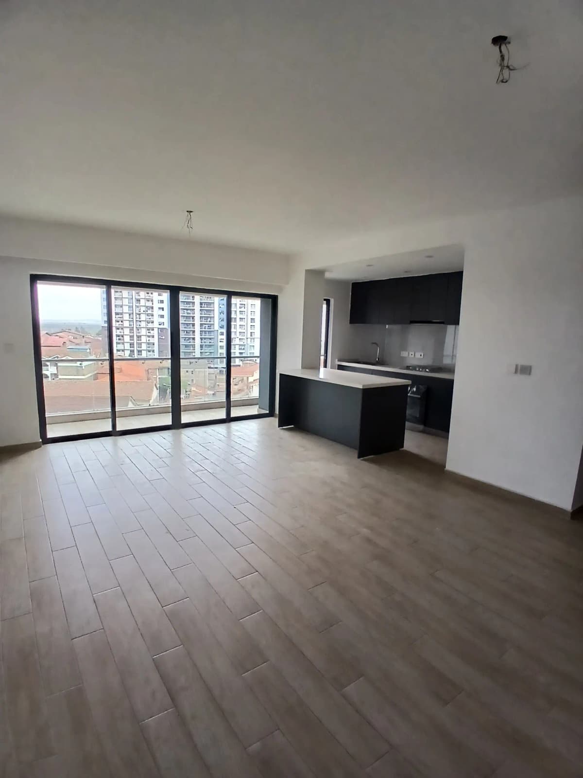 Open-plan living room with kitchen, panoramic windows, city view