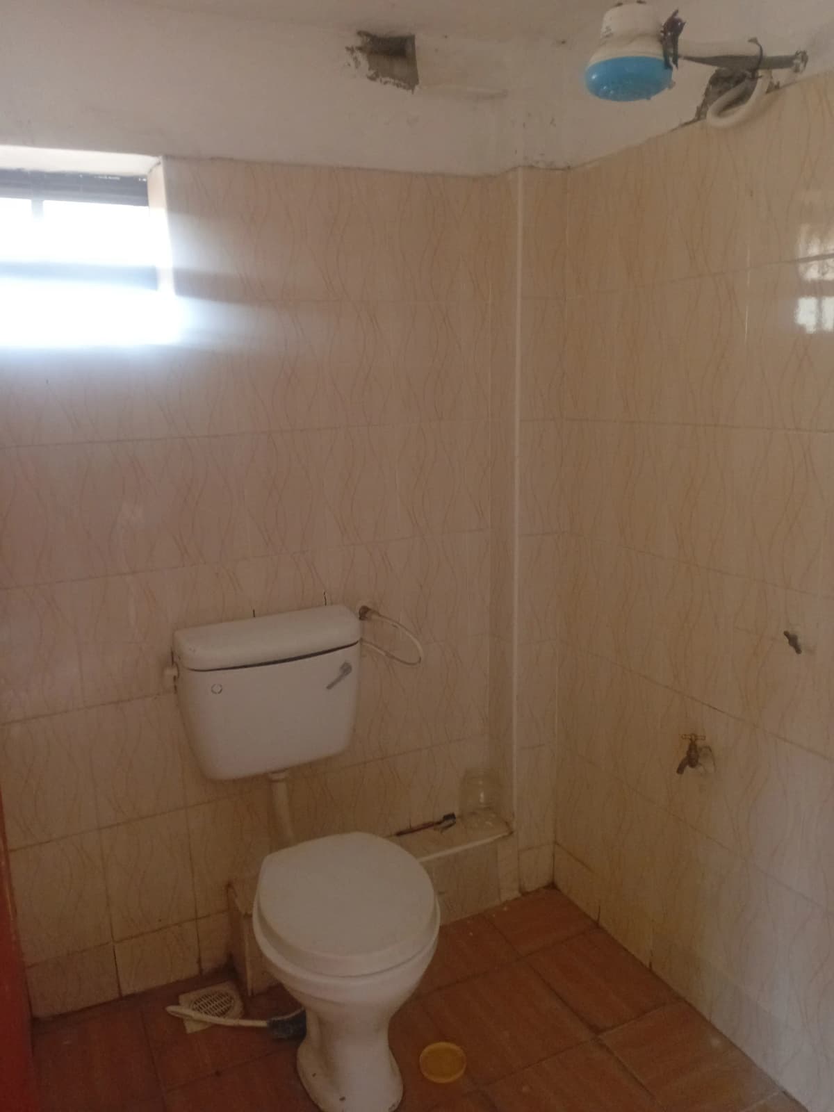 Basic bathroom with toilet, sink, and tiled walls