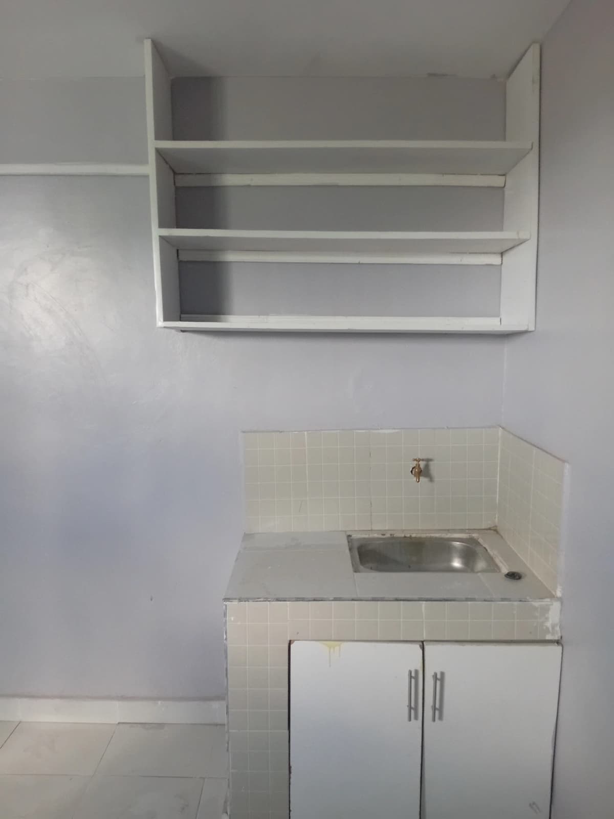 Compact pantry with open shelving and small sink unit