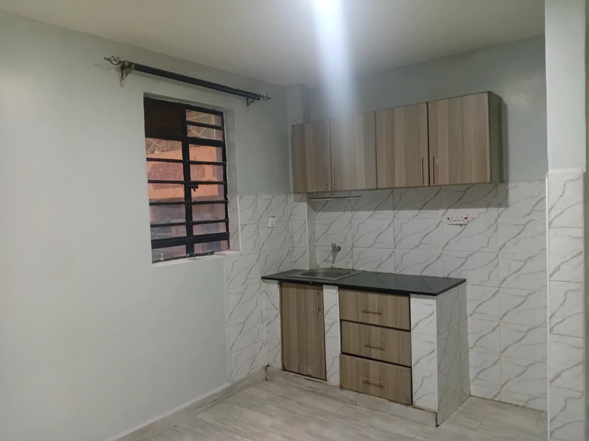 Compact kitchen with marble backsplash, wooden cabinets, black countertop