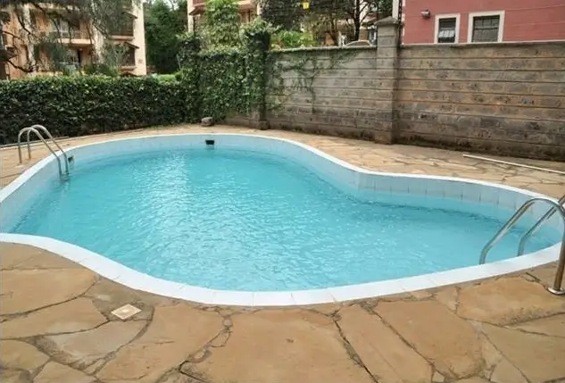 Kidney-shaped swimming pool with paved deck area