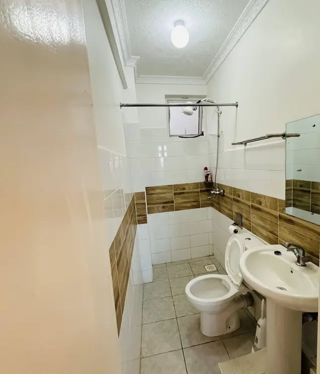 Bathroom with dual sink vanity, toilet, and brown tile accent