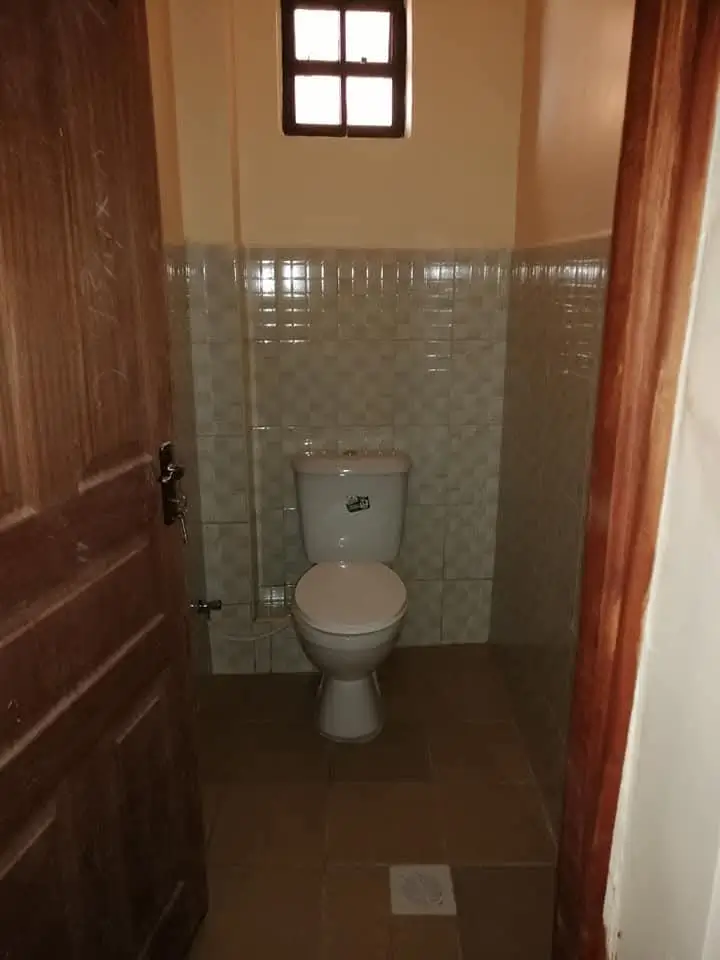 Compact toilet room with tiled walls and small window