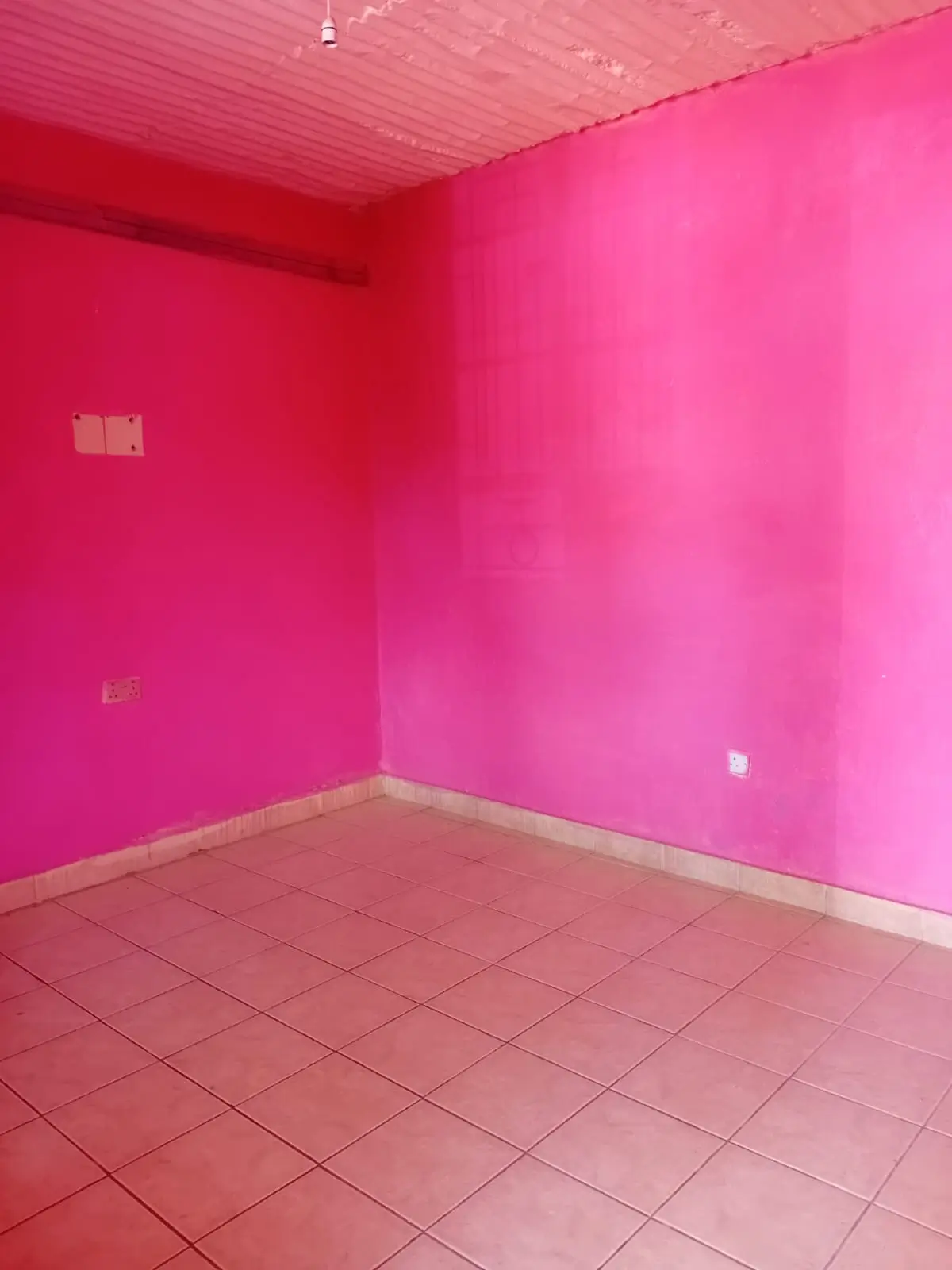 Empty room with bright pink walls and tiled floor
