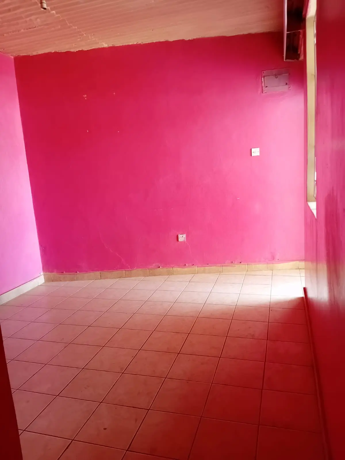 Empty bedroom with bright pink walls and terracotta tiles