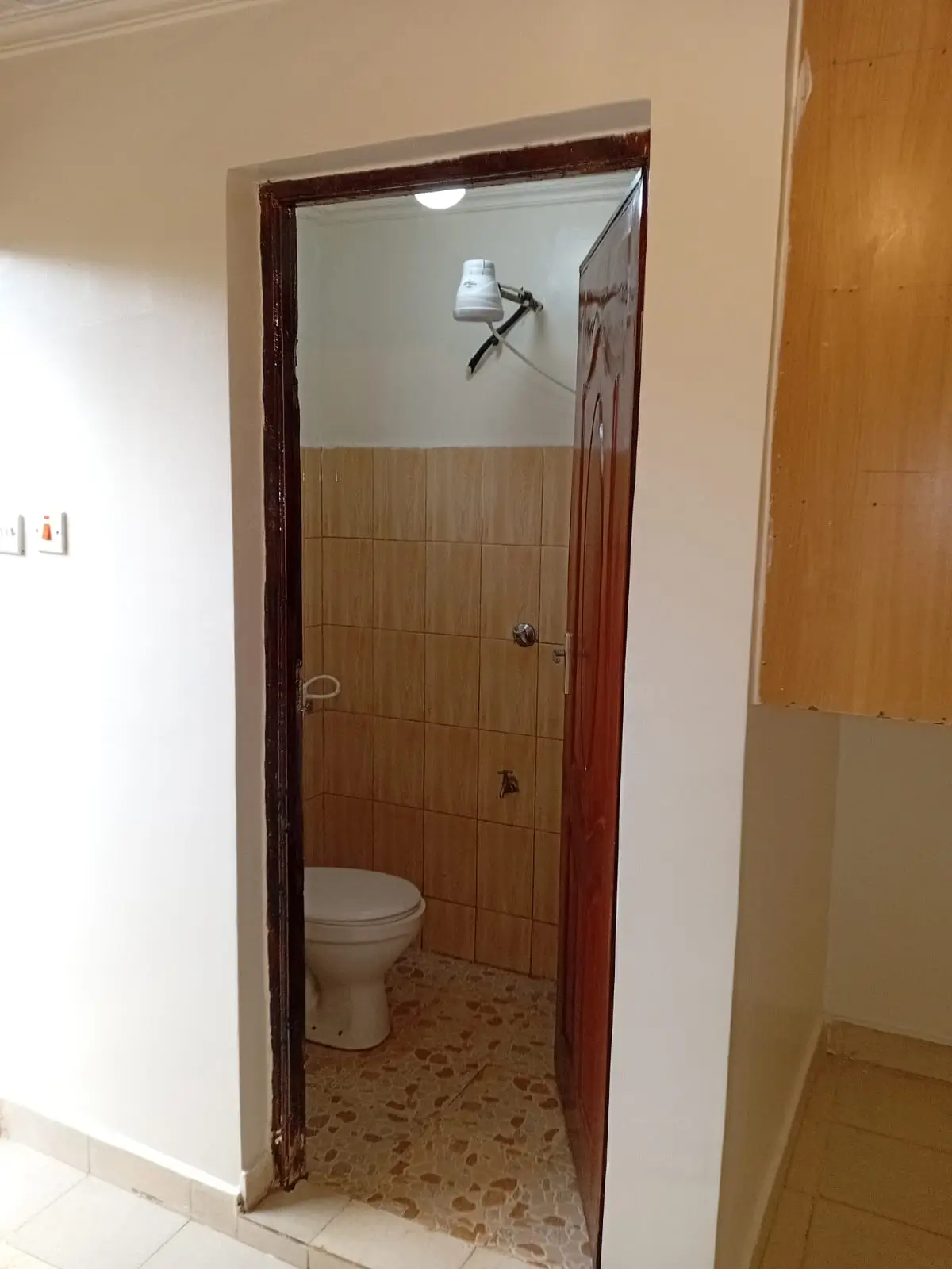 Compact bathroom with toilet and wooden door frame