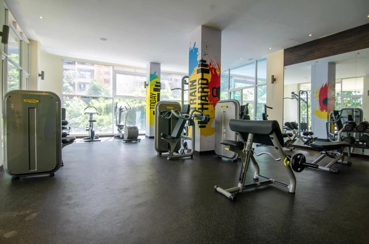 Modern gym with cardio machines and weight equipment