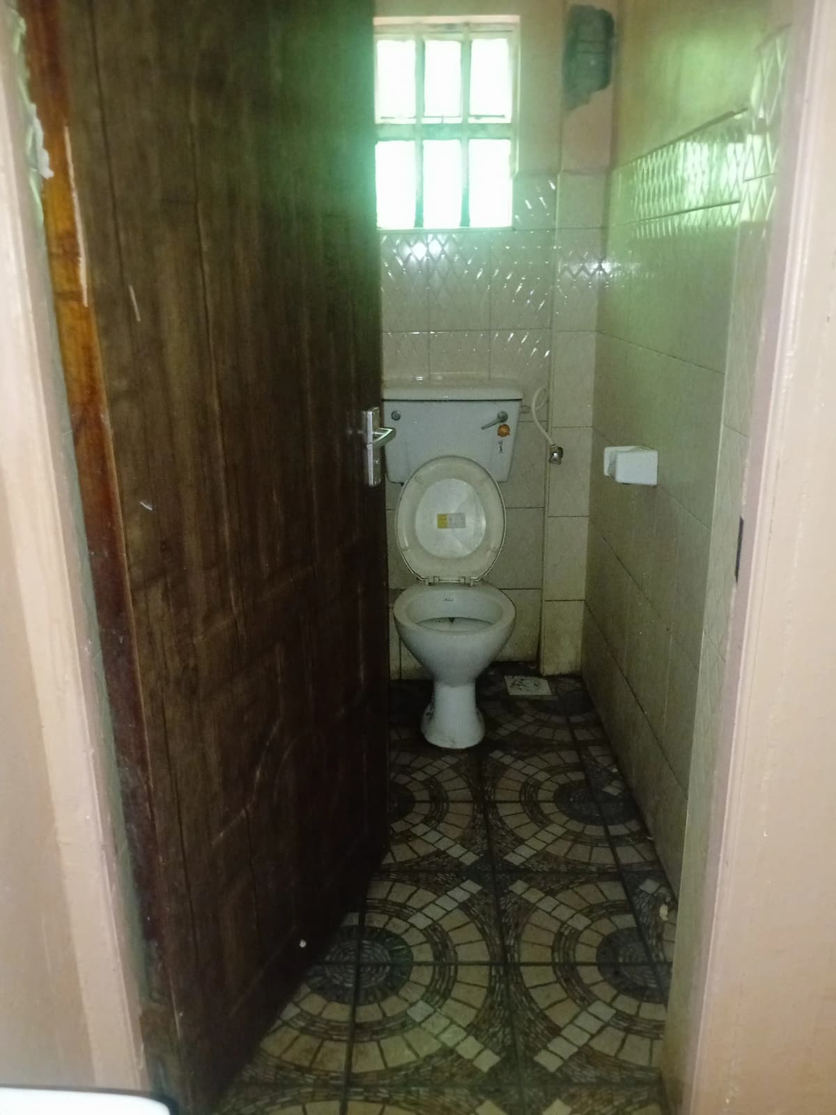 Compact bathroom with toilet, window, green tile walls