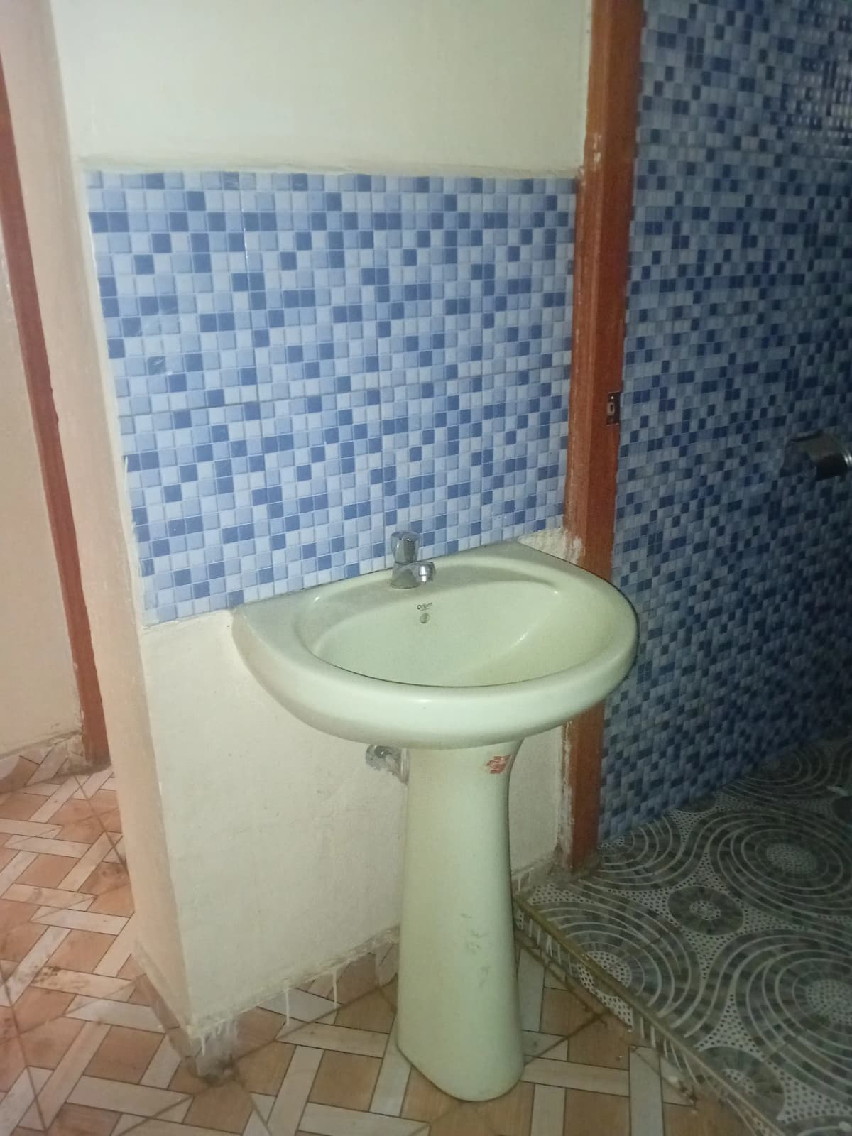 Bathroom with pedestal sink and blue tile wall paneling