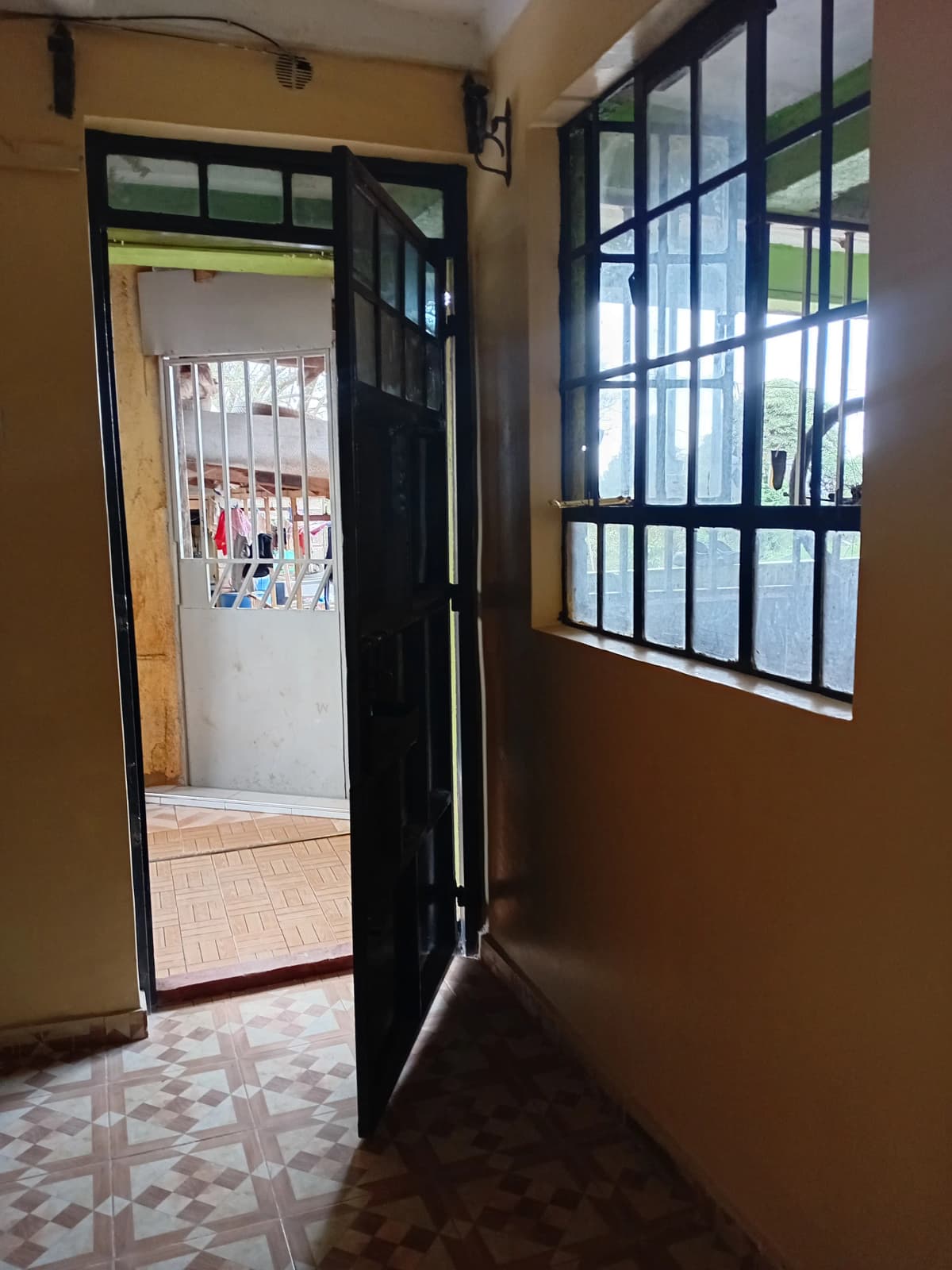 Narrow hallway with black-framed door and window opening