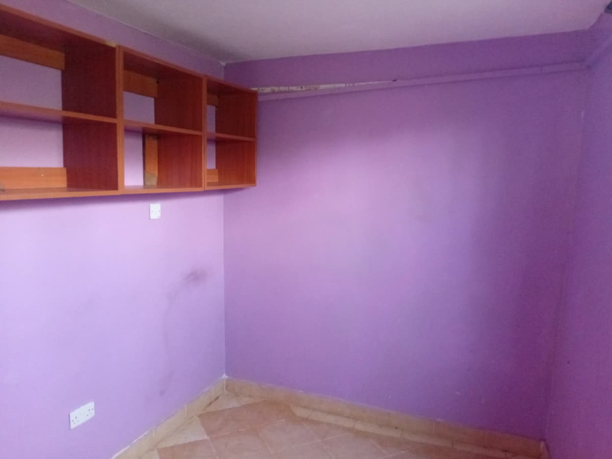 Unfurnished bedroom with purple walls and wooden shelving