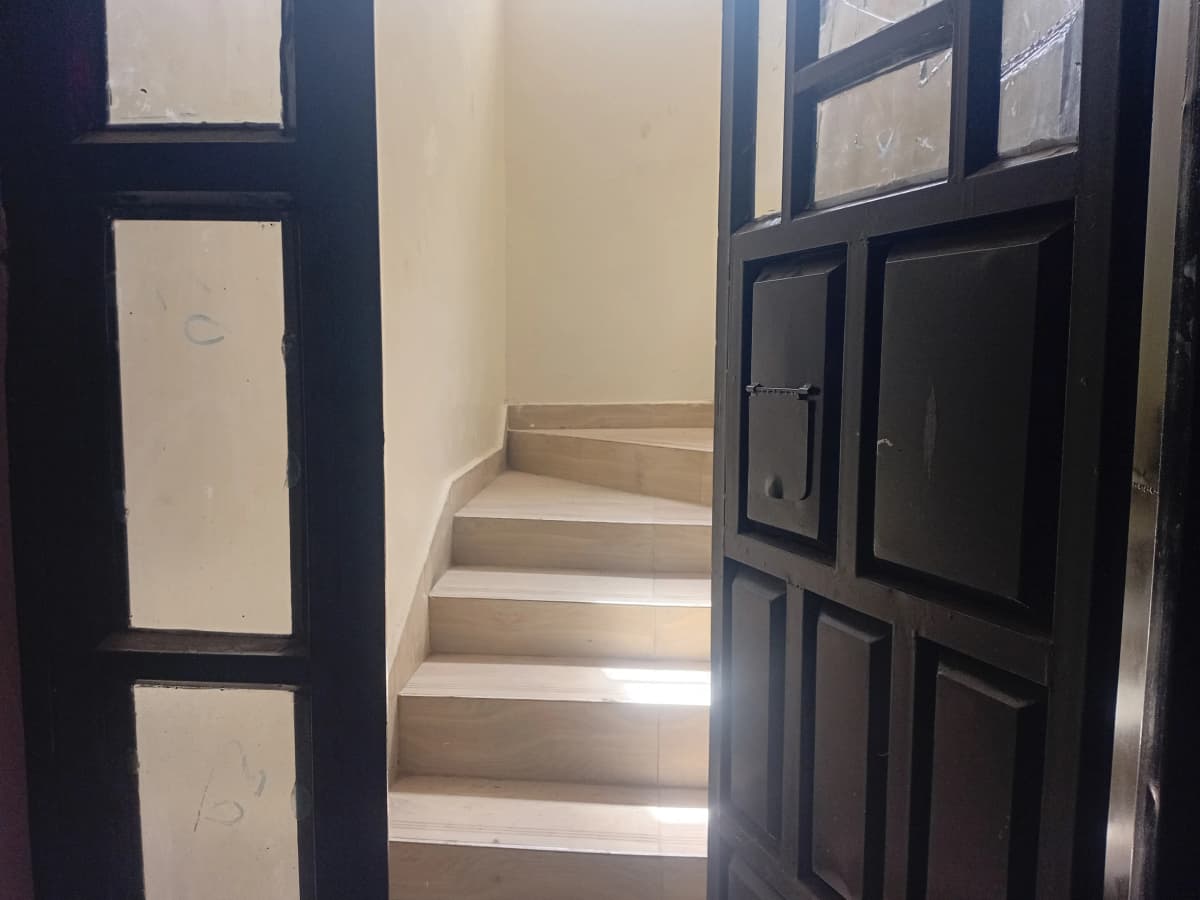 Interior staircase with black frame doors and neutral walls