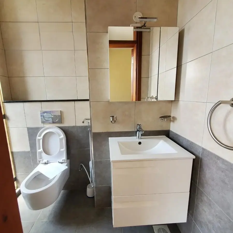 Modern bathroom with white sink vanity and toilet