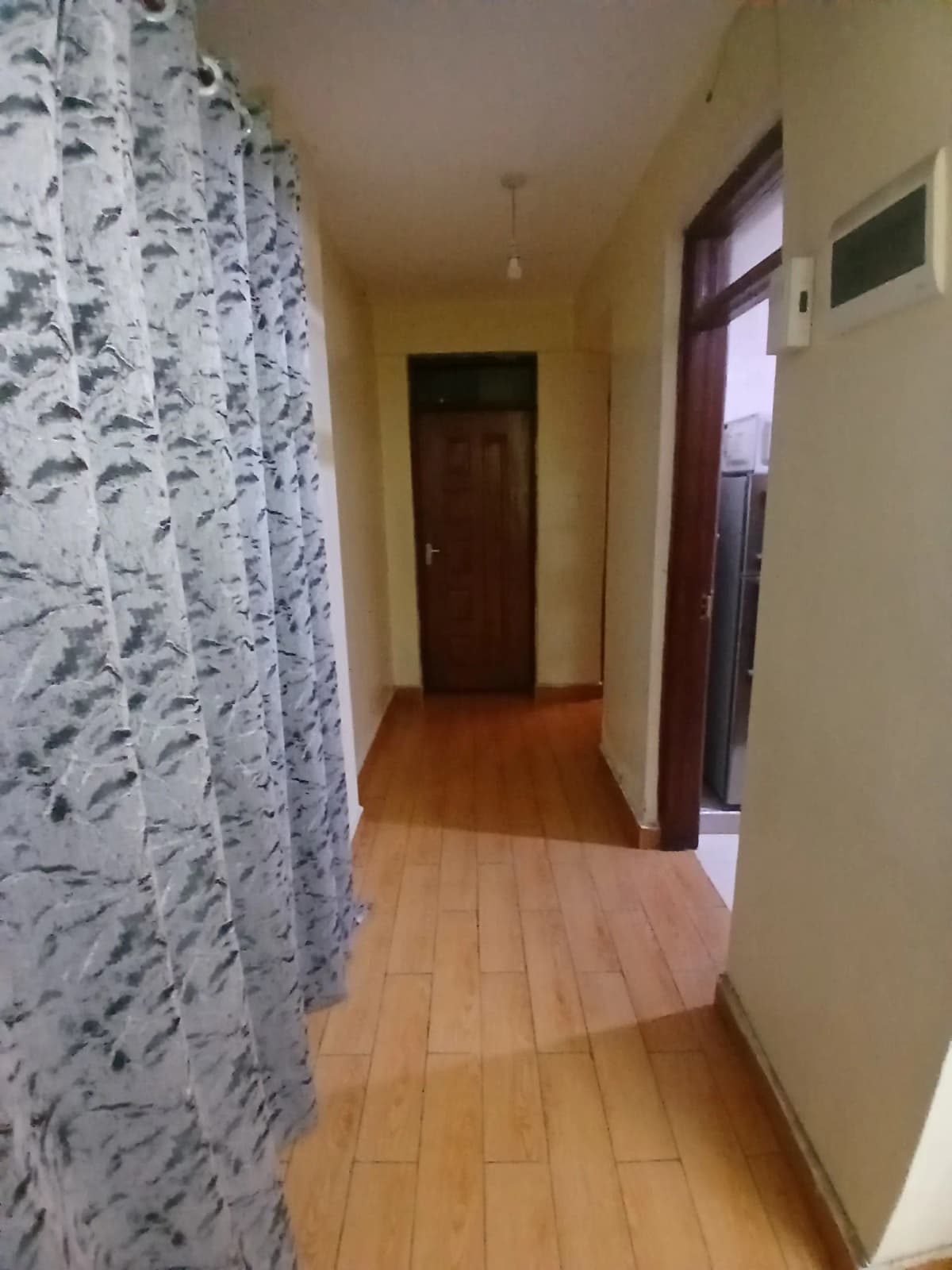 Long hallway with wooden flooring and multiple doors