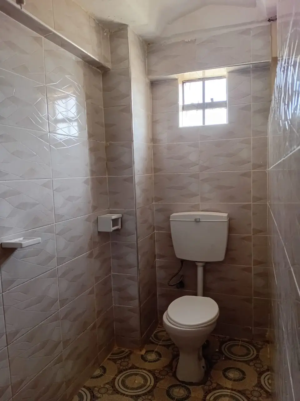 Compact bathroom with walk-in shower and toilet