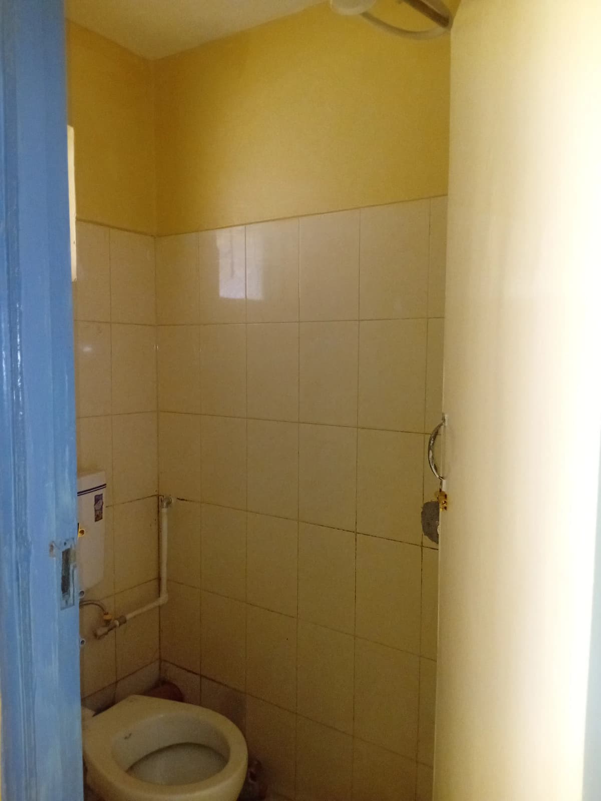 Simple bathroom with toilet and tiled shower enclosure
