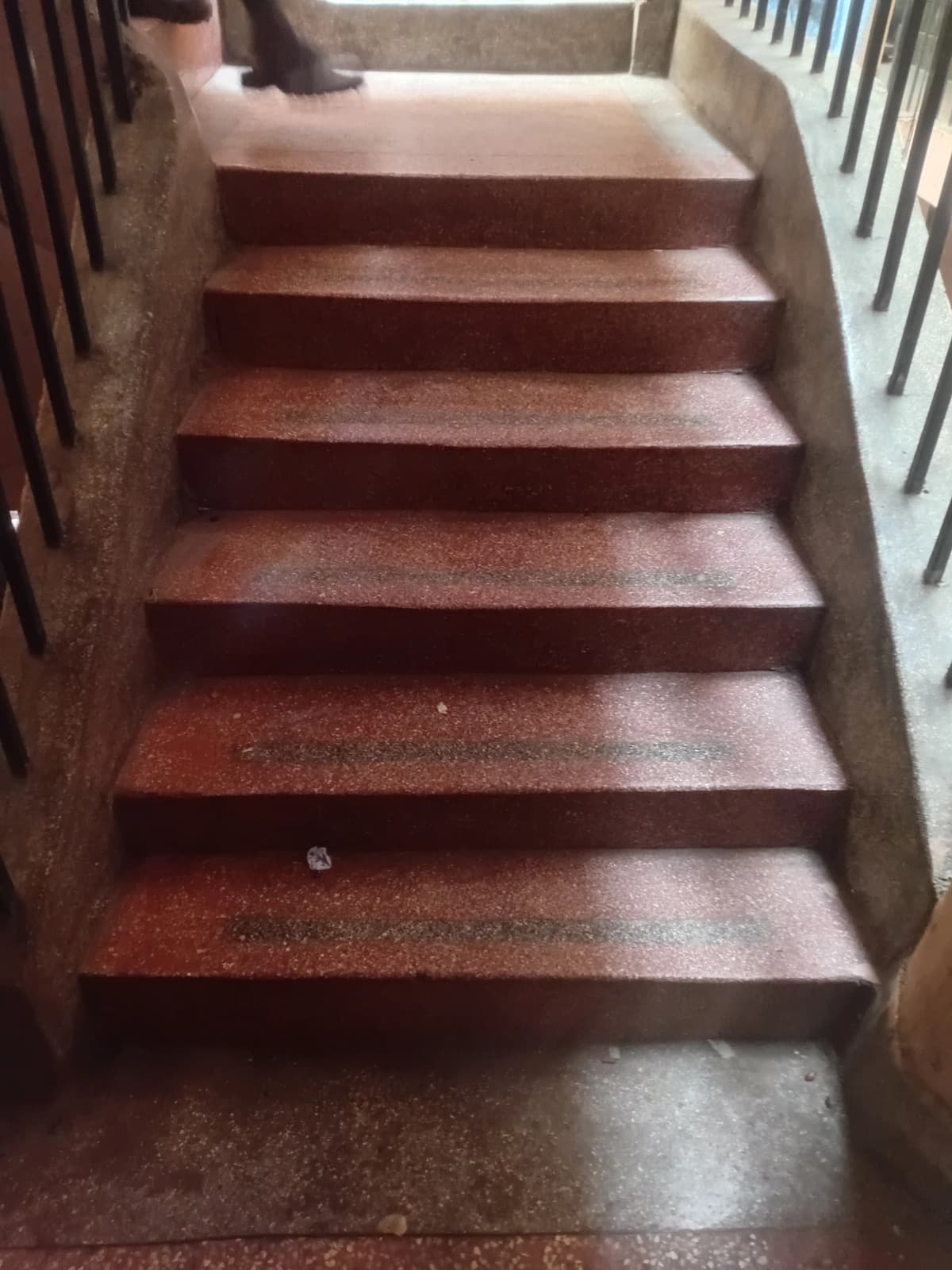 Interior staircase with wooden steps and metal railings